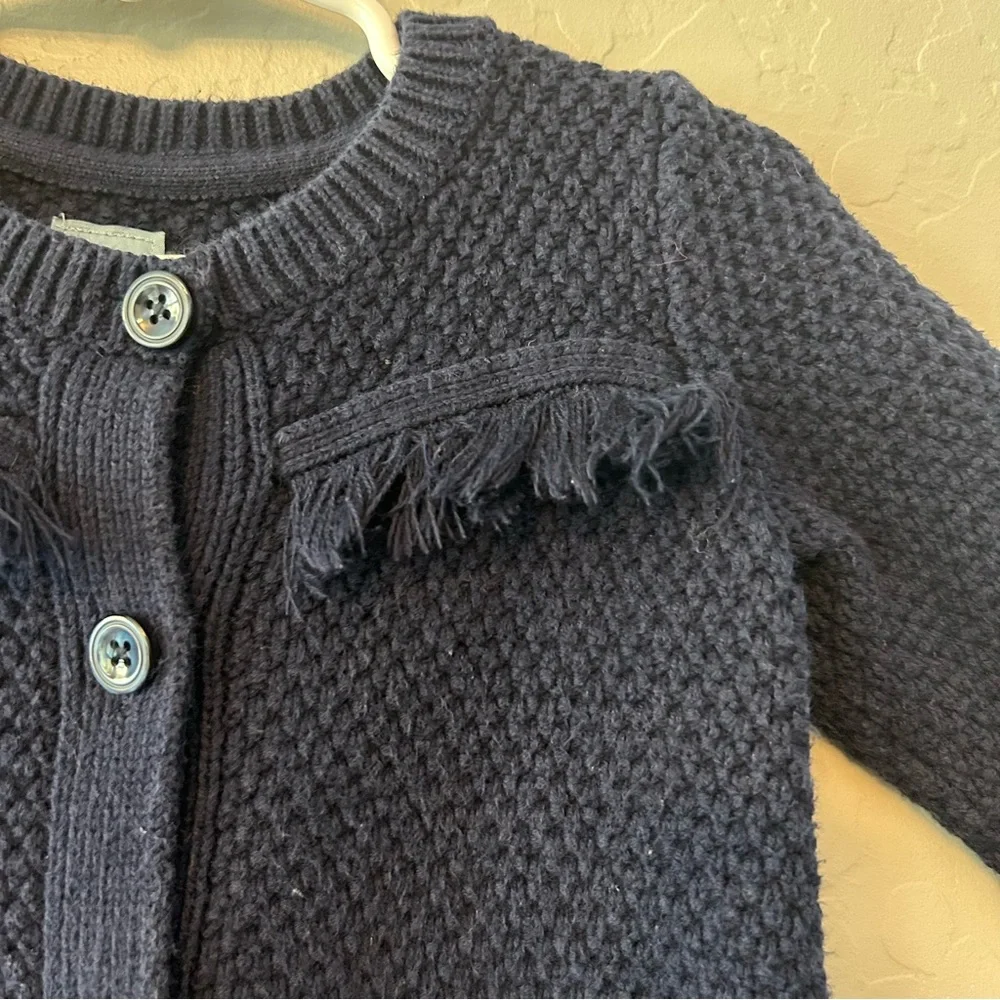 Baby Gap navy blue button front knit cardigan with fringe details size 2 years